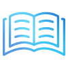 an open book icon with blue gradient design symbolizing reading and education featuring three lines of text on each page